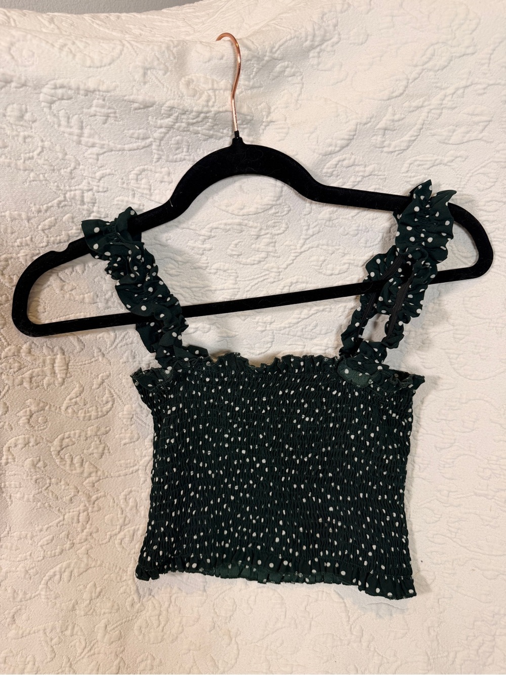 Smocked Ruffle Strap Polka Dot Crop Top - Dark Green